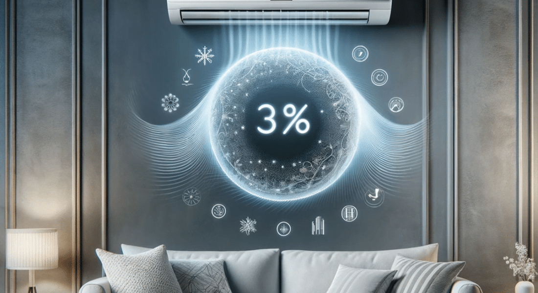 Ein Bild zeigt eine moderne Klimaanlage, die in einem eleganten Wohnraum montiert ist, und demonstriert, wie sie effektiv die Raumtemperatur steuert. Die Darstellung unterstreicht die Balance zwischen Komfort und Energieeffizienz, indem kühle Luftströme visualisiert werden, die für eine angenehme und optimale Raumklimatisierung sorgen.